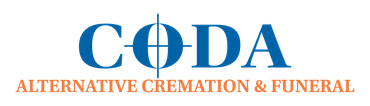 Blue logo reading "CODA" with a crosshair through the "O," above the text "ALTERNATIVE CREMATION & FUNERAL."