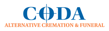 Blue logo reading "CODA" with a crosshair through the "O," above the text "ALTERNATIVE CREMATION & FUNERAL."