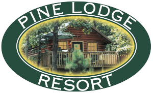 Pine Lodge Resort - Log Cabin Rentals on Grand Lake Pine lodge resort logo with a log cabin in the background