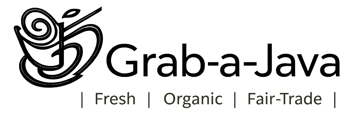 Grab-a-Java coffee logo with steaming cup icon and tagline: Fresh, Organic, Fair-Trade