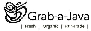 Grab-a-Java coffee logo with steaming cup icon and tagline: Fresh, Organic, Fair-Trade