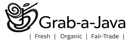 Grab-a-Java coffee logo with steaming cup icon and tagline: Fresh, Organic, Fair-Trade