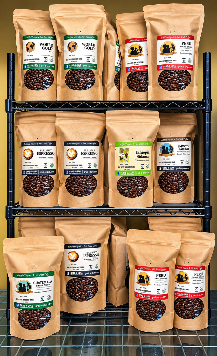 Assorted coffee bags on a black metal shelf, showing different labels and roast colors.