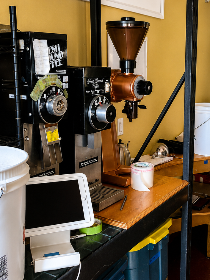 Three coffee grinders on a wooden counter with a tablet in front, against a yellow wall.