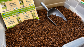 Scoops of brown granola in a plastic bin with yellow product boxes in the background