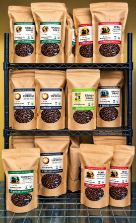 Assorted coffee bean bags displayed on a black metal shelf against a white background.