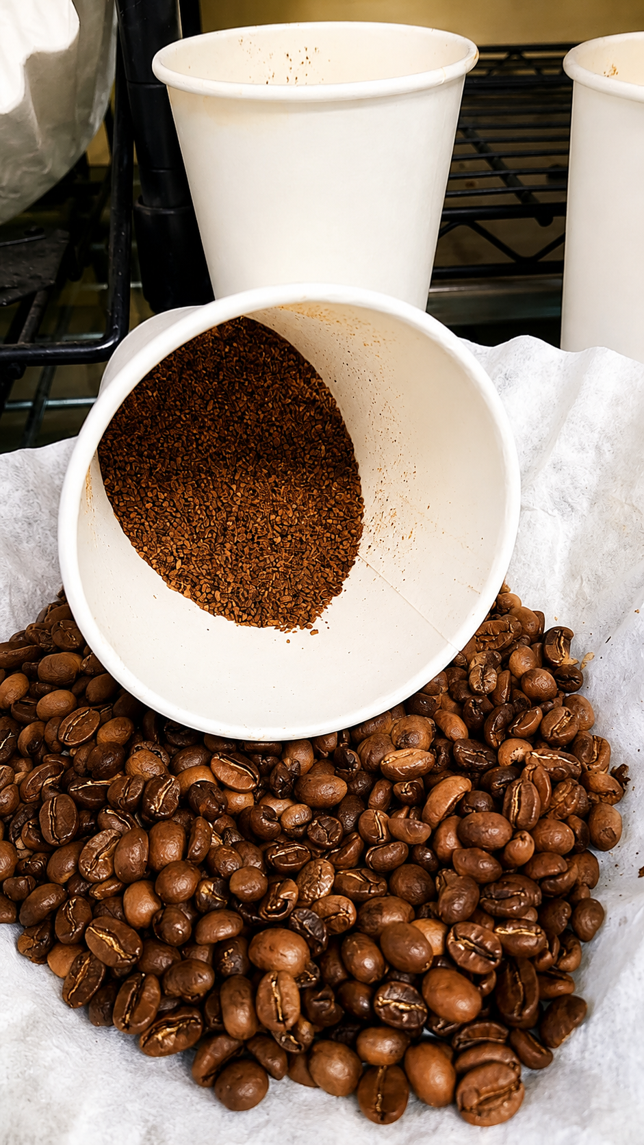 White cups spilling coffee beans onto a pile of roasted beans on a table.