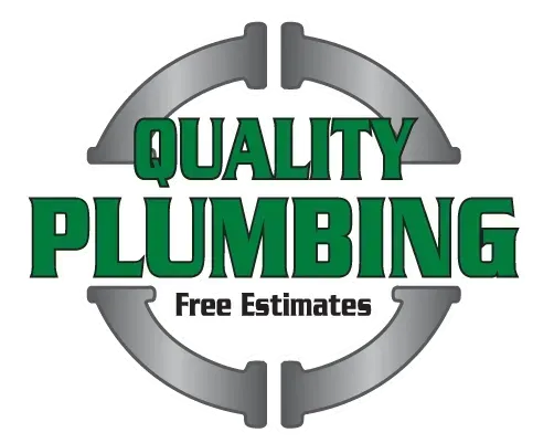 Quality Plumbing logo with green text on a gray pipe fitting, 