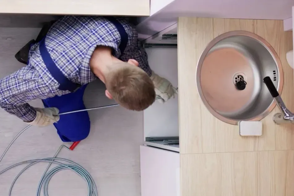 Plumber unclogs a kitchen sink drain with a snake tool, working under the sink.