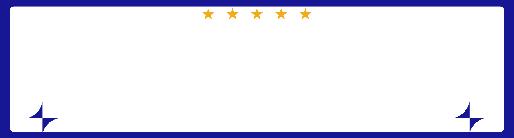 White banner with five gold stars at the top and blue decorative corner accents at the bottom.