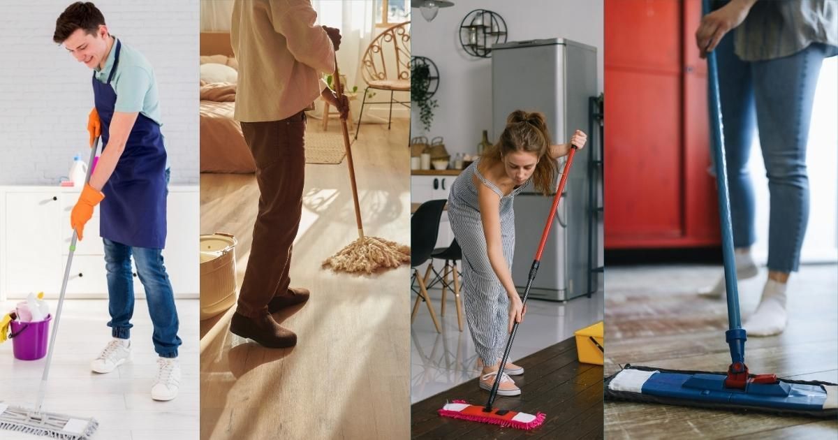 People cleaning floors with mops and a vacuum in a bright home interior