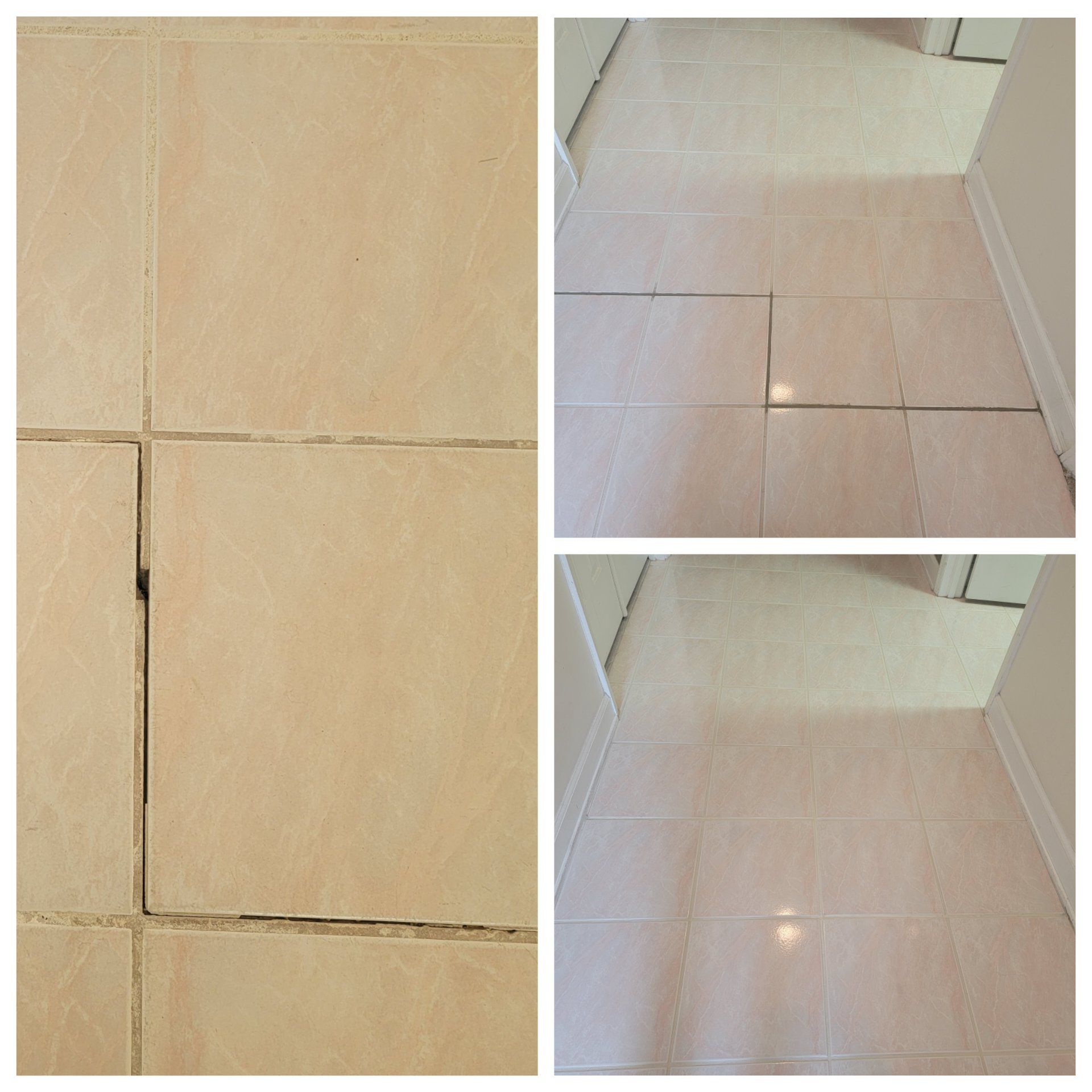 Tile floor with cracks and uneven spacing, possibly due to settling or shifting.