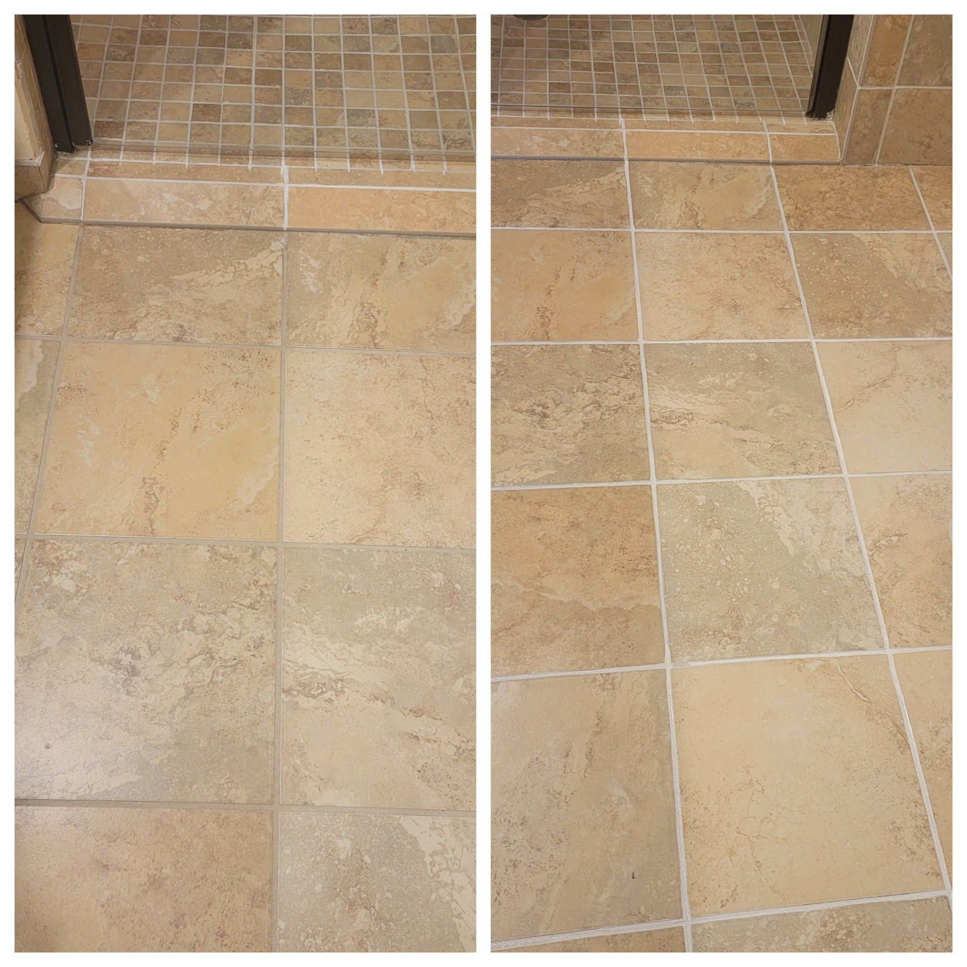 Two views of a tiled bathroom floor, before and after cleaning, with beige tiles and white grout.