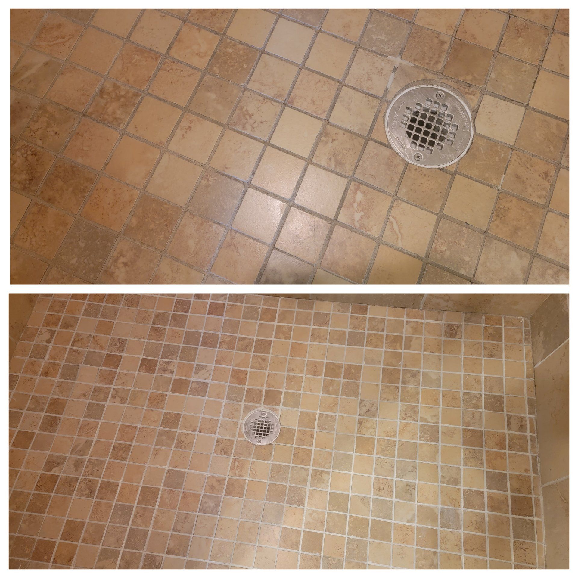 Top: Dirty, tan tiled shower floor. Bottom: Cleaned tan tiled shower floor.