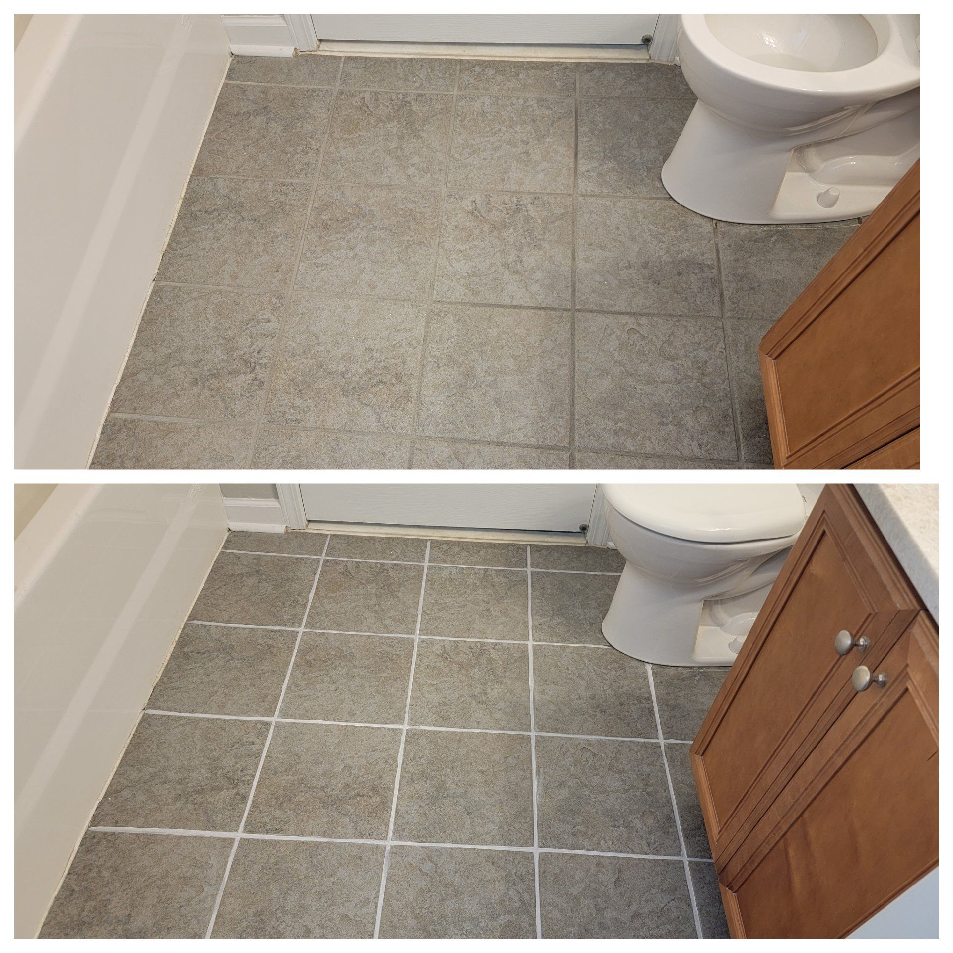 Comparison of a bathroom floor before and after grout cleaning. Gray tiles, white toilet and grout, brown cabinet.