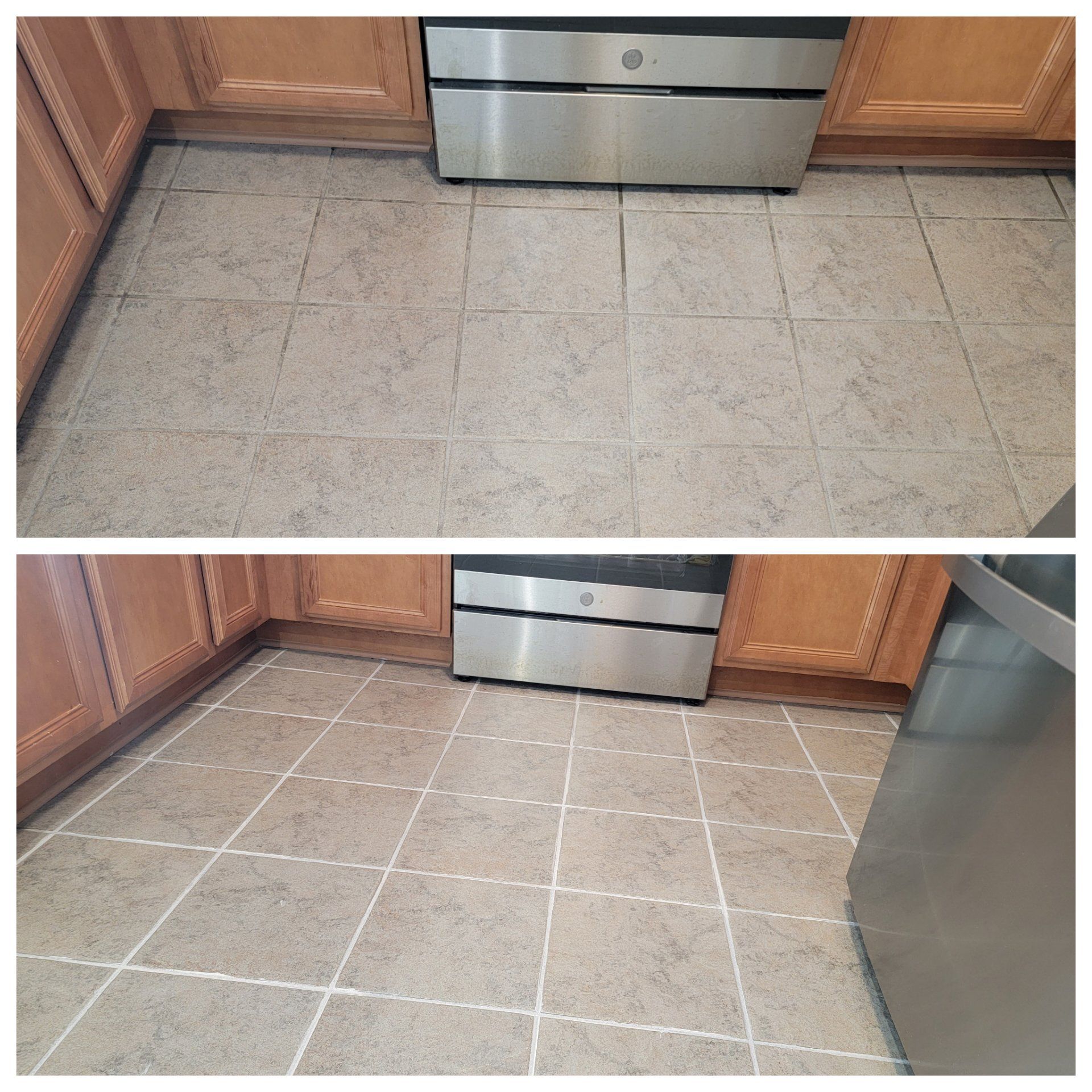 Before and after photos of kitchen floor tiles, cleaned and showing brighter grout.