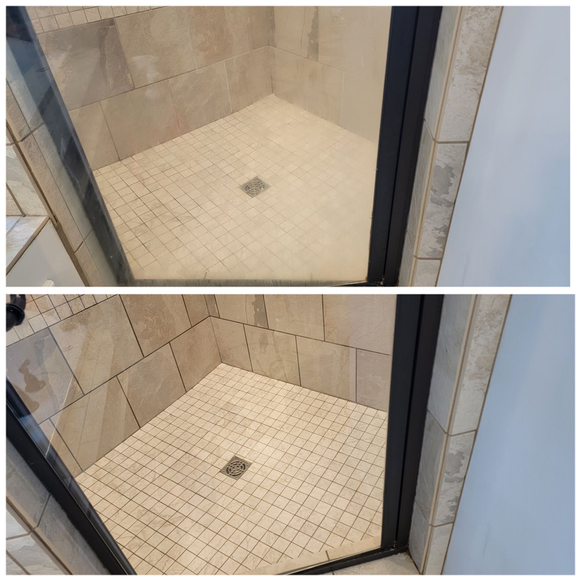 Top: Shower, before cleaning. Bottom: Clean shower. Beige tiles, black trim, and glass doors.