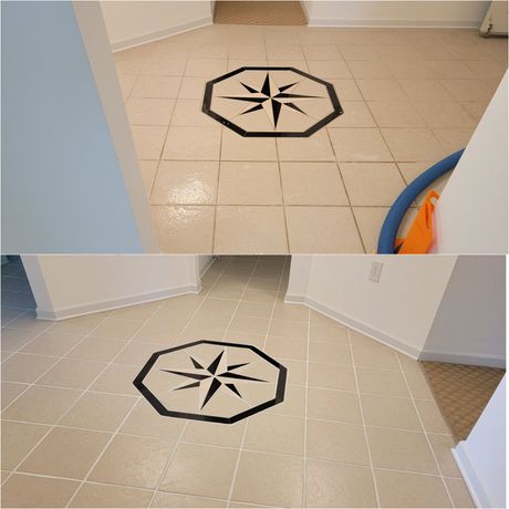 Before and after of a tile floor cleaning. Compass rose tile design is refreshed.