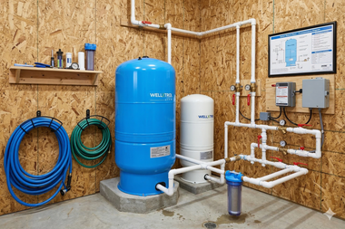 A residential water well system with large blue and white pressure tanks, PVC piping, and a water filter on an OSB wall.