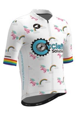 White cycling jersey with unicorns, rainbows, and 