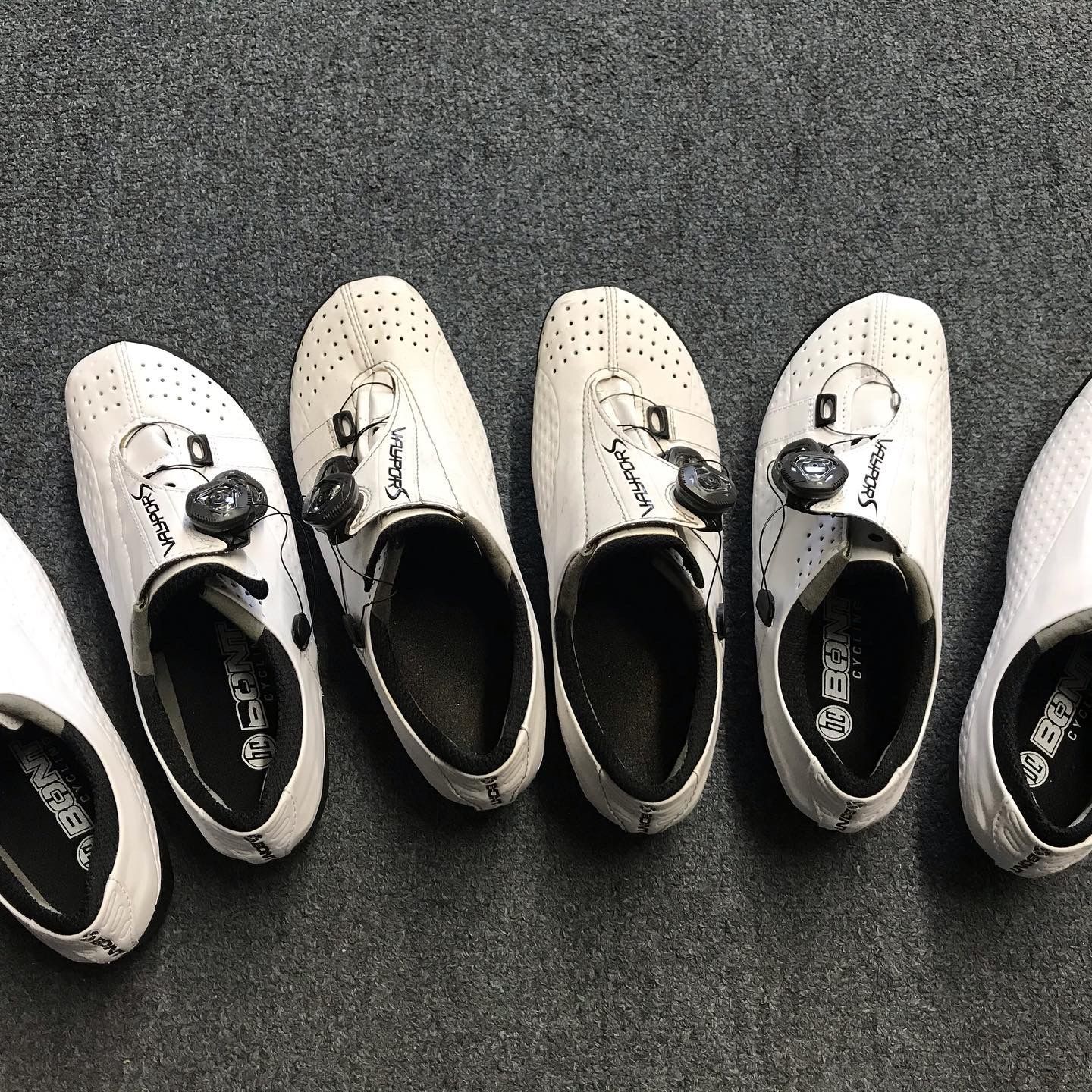 White cycling shoes with black dials, lined up on a dark surface.