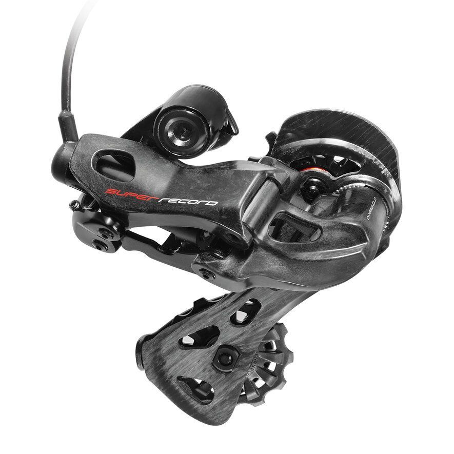 Black Campagnolo Record rear derailleur for a bicycle.
