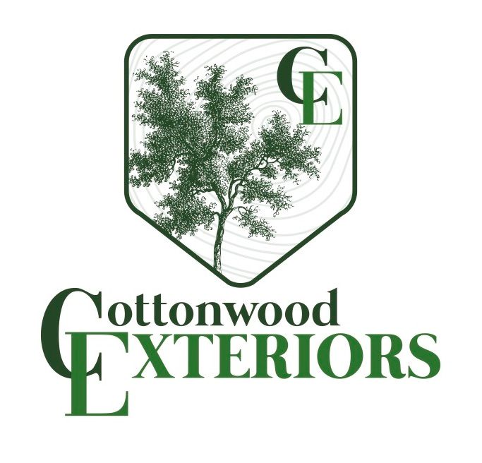 Cottonwood Exteriors logo with green tree in shield and stylized “CE” lettering