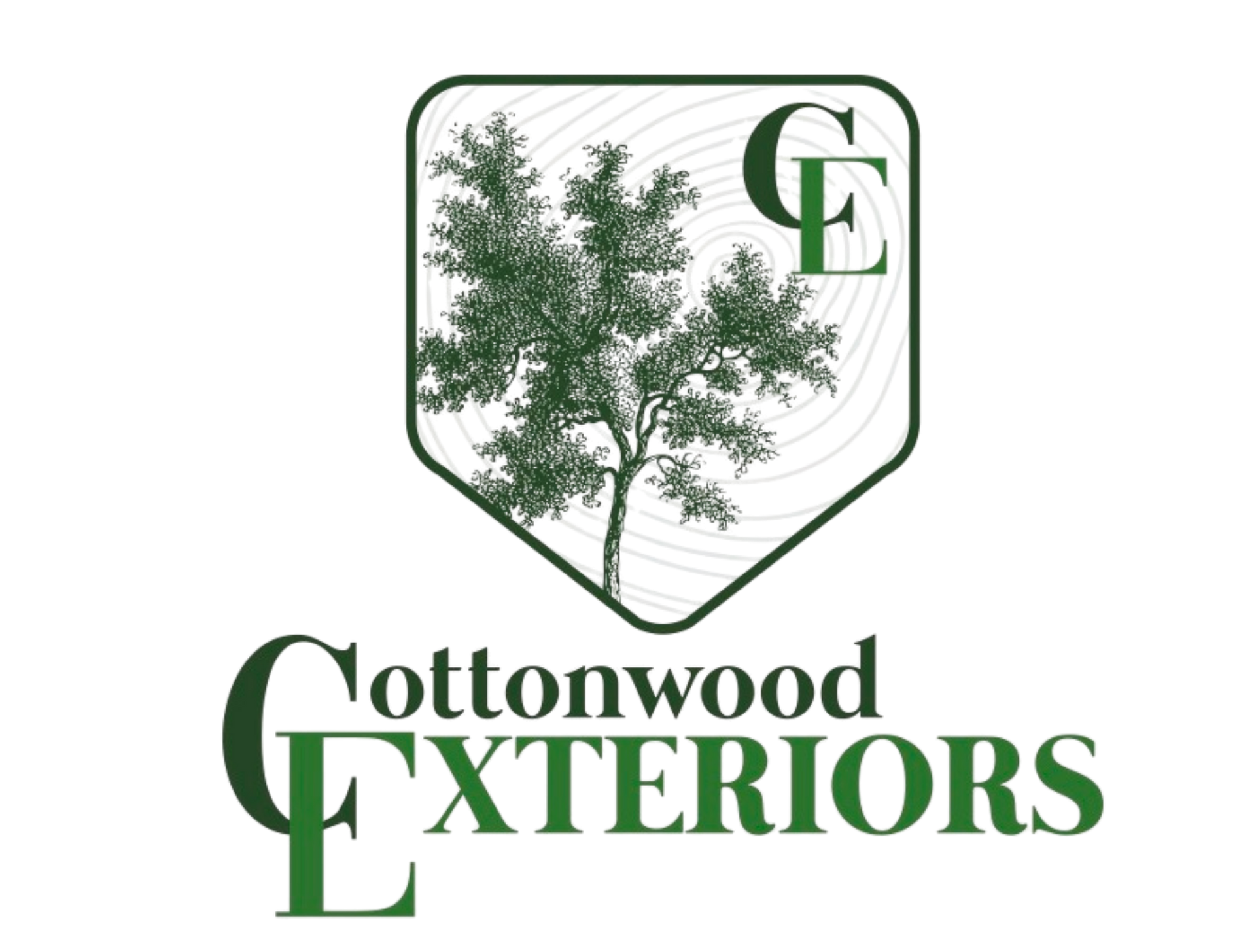 Cottonwood Exteriors logo with a green tree inside a shield and stylized green text on white background