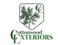 Cottonwood Exteriors logo with a green tree inside a shield and stylized green text on white background