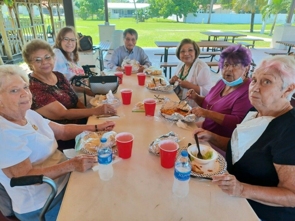 Group of people seated at a picnic table outdoors, sharing a meal with red cups and plates in a park.