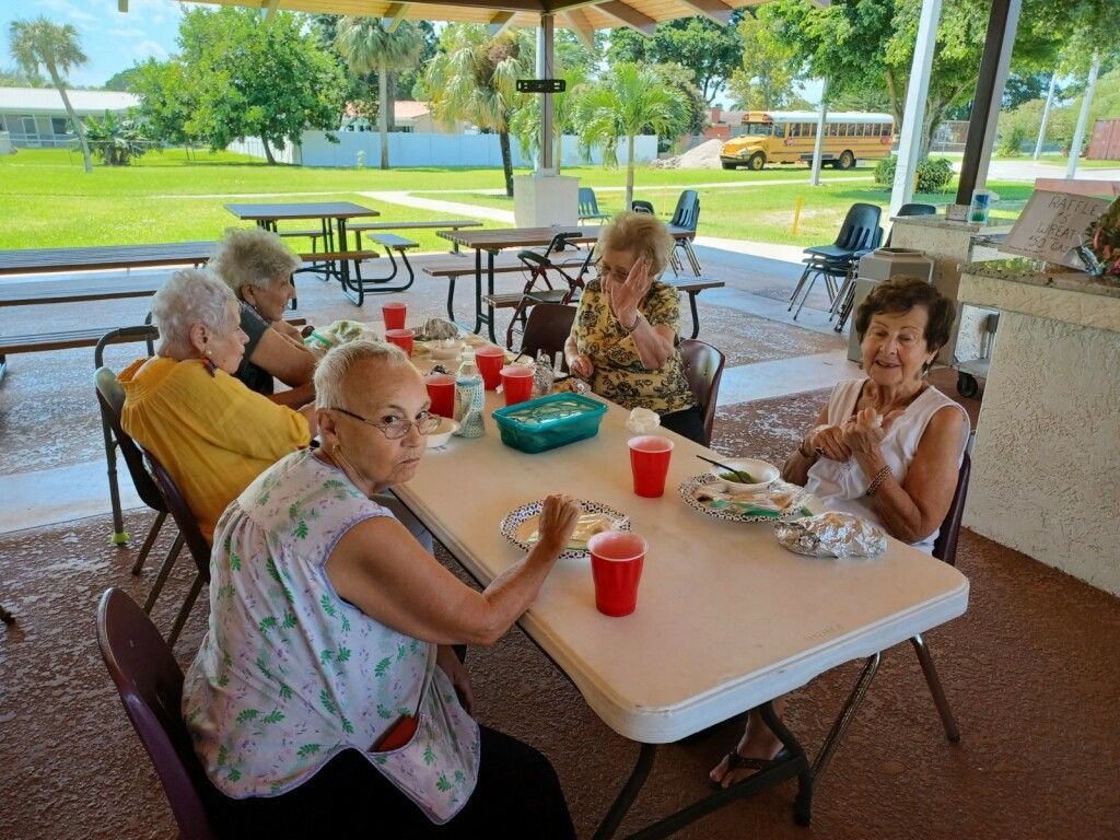 Six people sit around a picnic table under a pavilion, chatting with red cups and food.