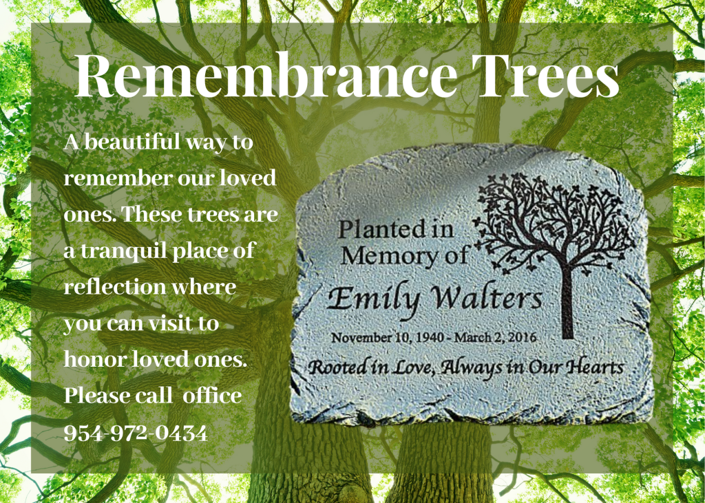 Remembrance Trees memorial ad with green background, stone plaques, and contact information