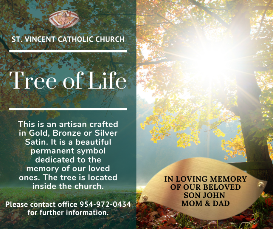 St. Vincent Catholic Church Tree of Life memorial with gold sunlit tree and prayer plaque for loved ones