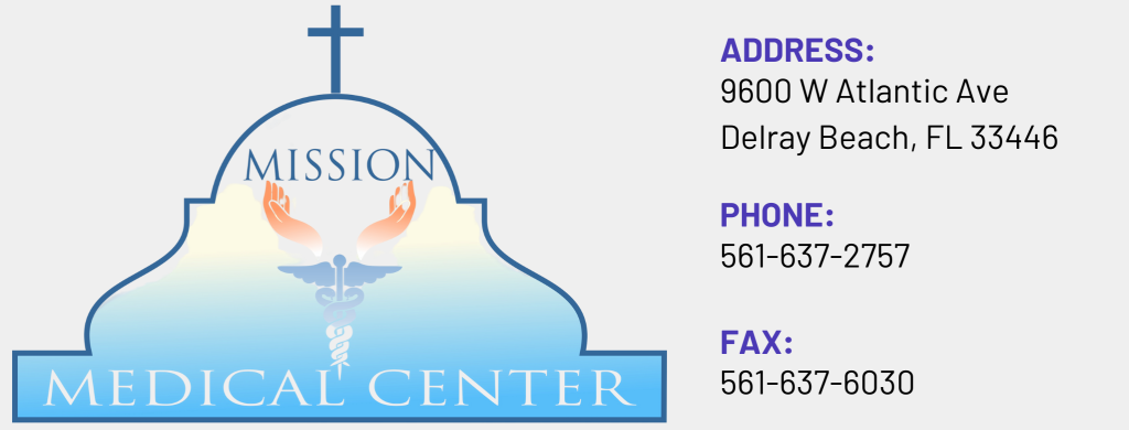 Mission Medical Center logo with cross and contact information on a white background