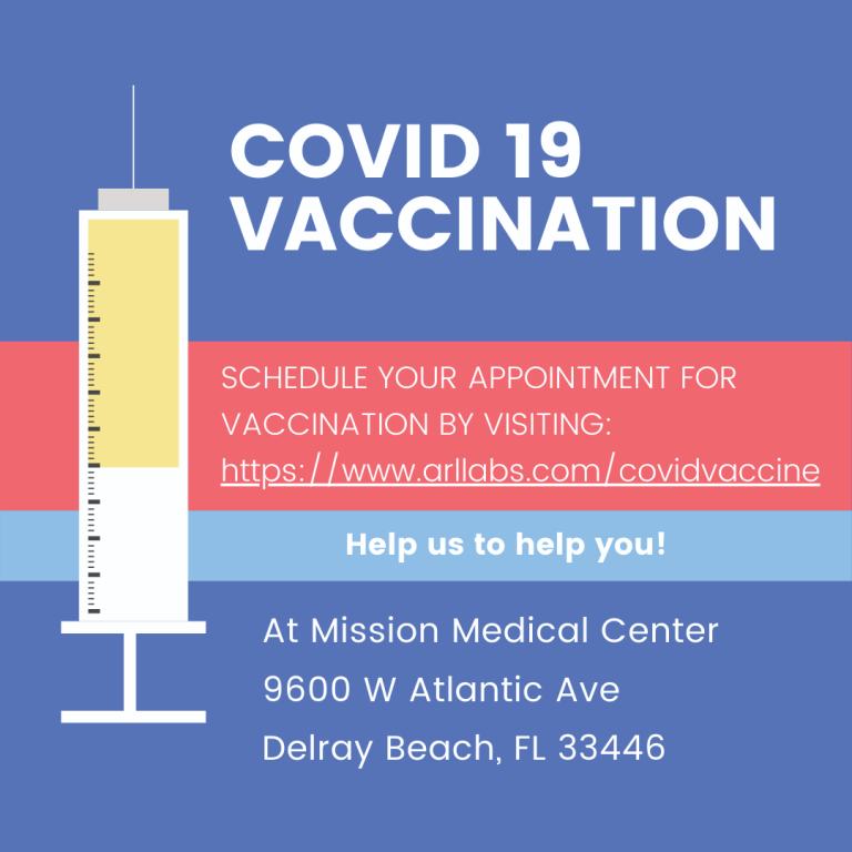 COVID-19 vaccination flyer with syringe graphic, appointment website, and Mission Medical Center address