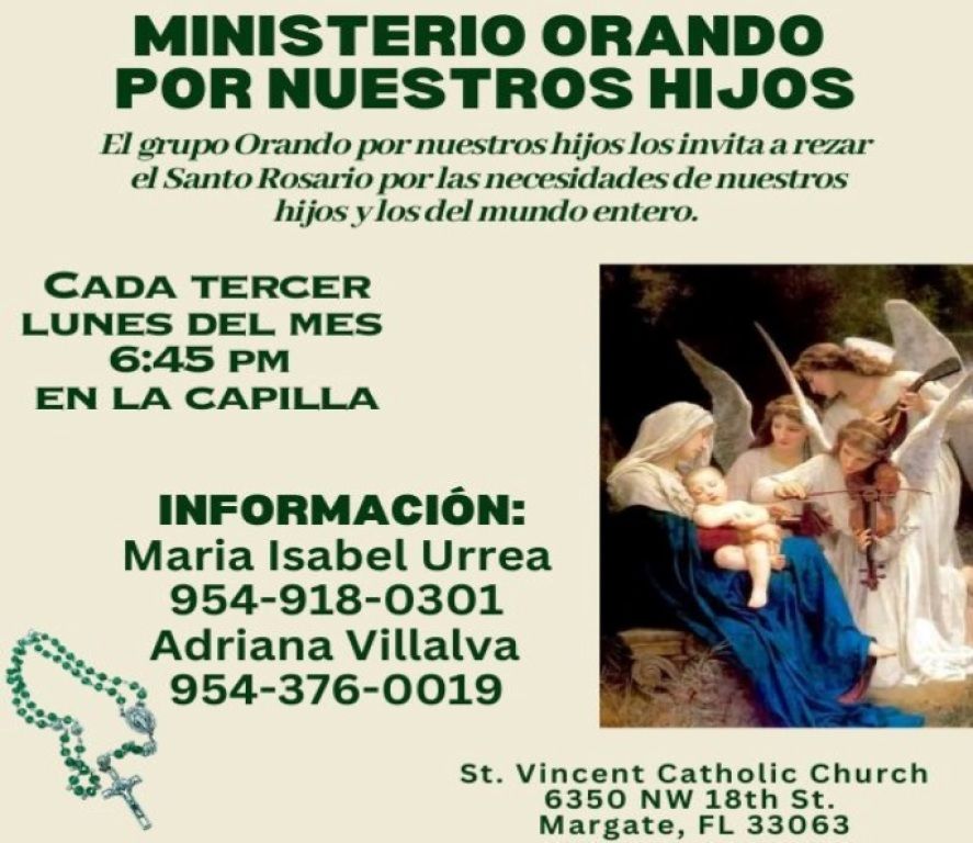 Spanish church flyer for prayer group, with dates, contacts, and praying children illustration on beige background