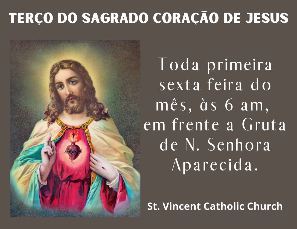 Cartaz religioso do Sagrado Coração de Jesus com missa às sextas na Gruta de N. Sra. Aparecida.