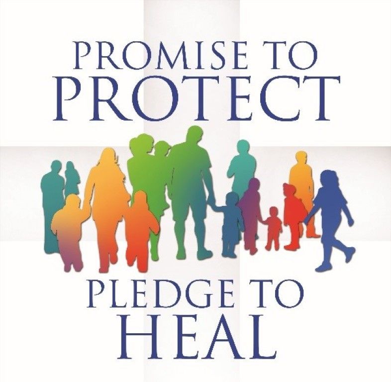 “Promise to Protect, Pledge to Heal” text above and below a line of colorful human silhouettes
