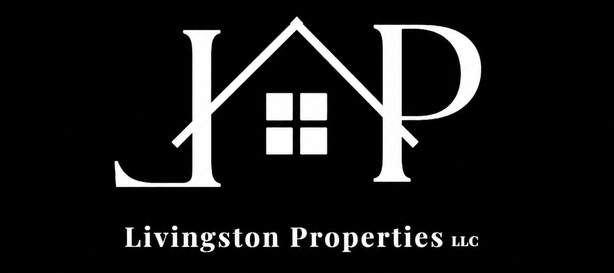 White JP logo with a house icon above “Livingston Properties LLC” on a black background