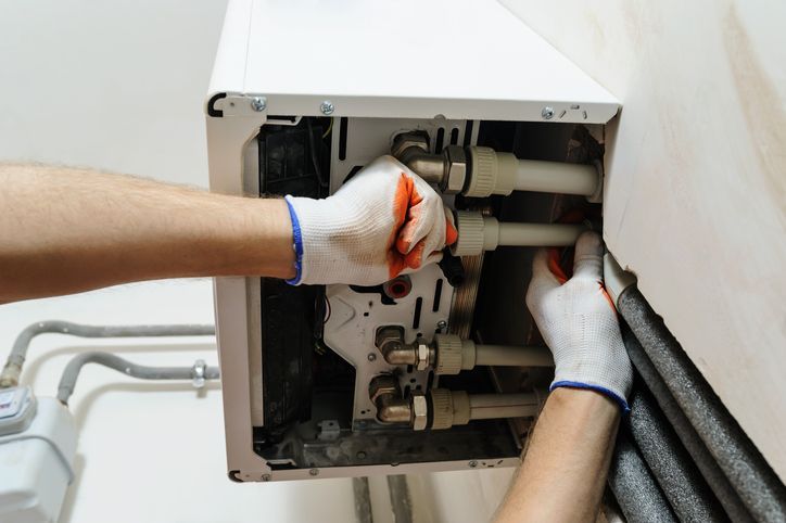 Hands in work gloves connecting pipes to a white wall-mounted boiler.