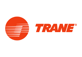 Trane logo: Orange circle with horizontal lines, right of the orange word