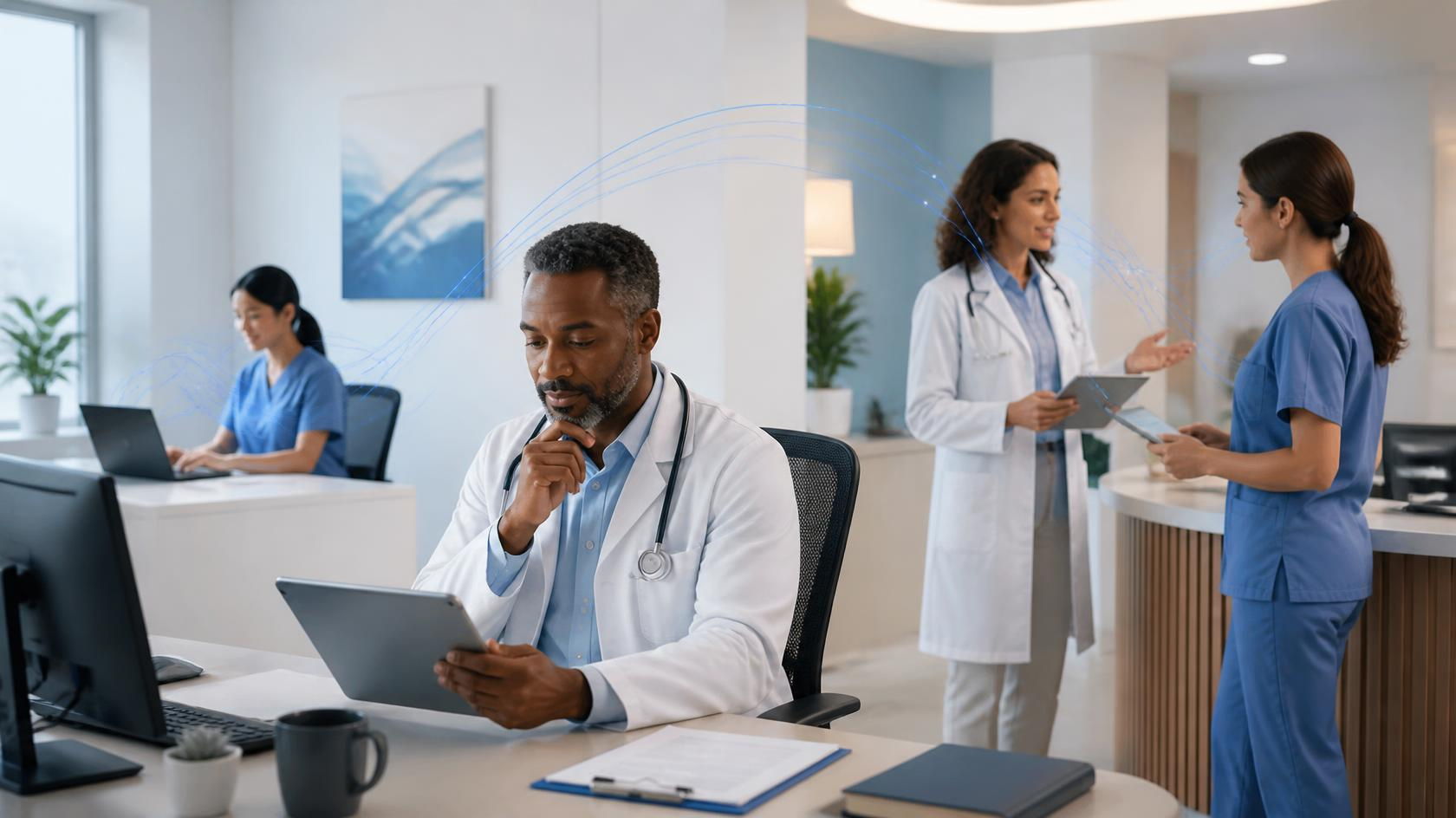 Doctor using recovered documentation time for clinical review and patient preparation