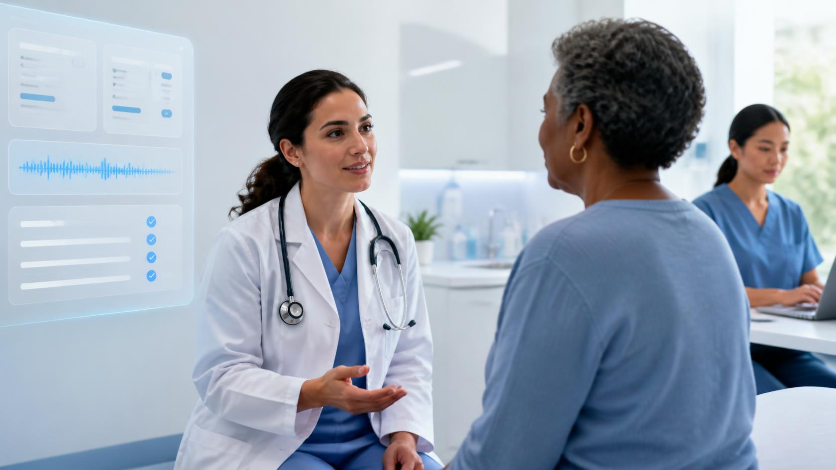 Doctor speaking with a patient while an AI medical scribe supports clinical documentation