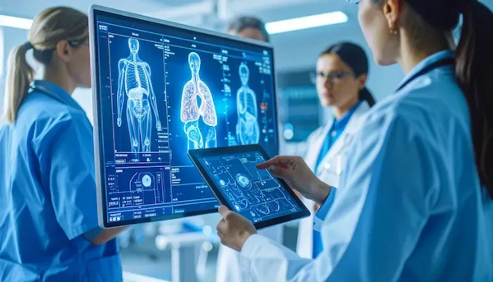 Doctor interacting with patient and caregiver while AI medical scribe captures clinical conversation