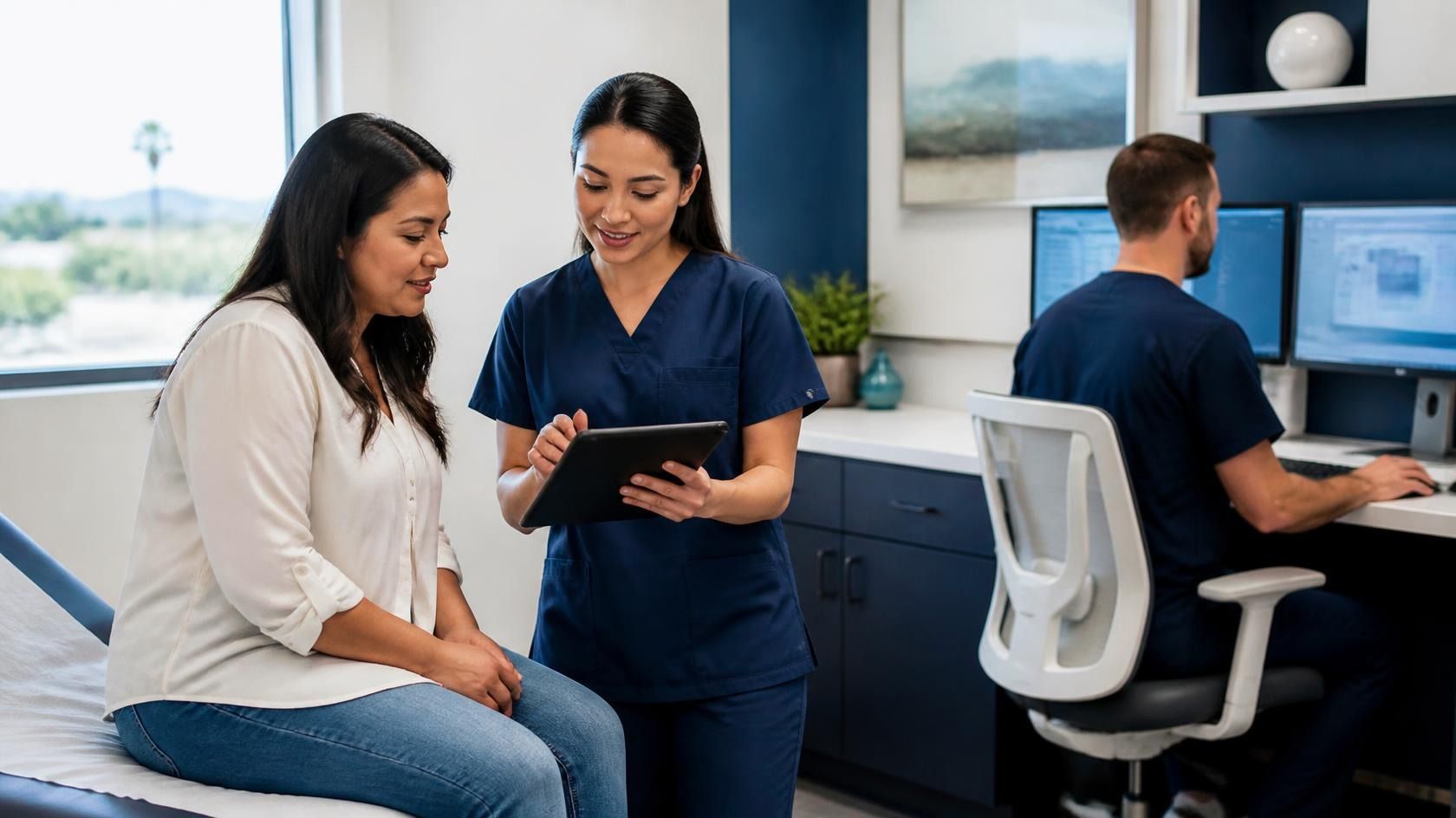 Spanish AI medical assistant helping collect patient information during clinic intake.