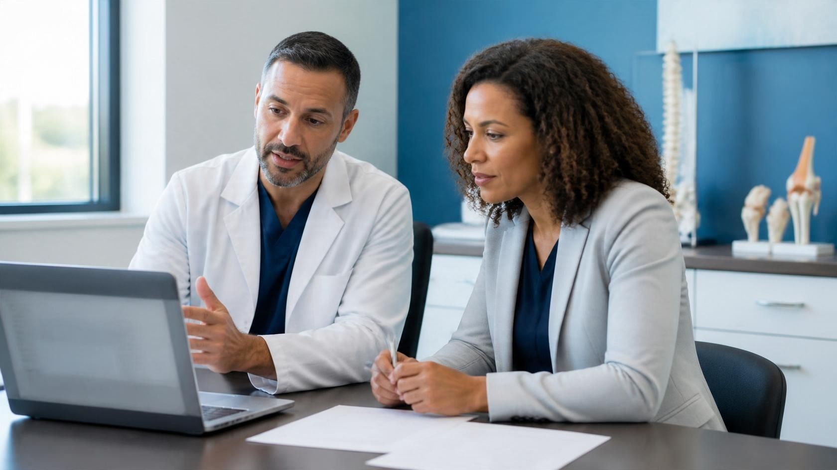 Orthopedic physician and clinic manager discussing clinical documentation workflows.
