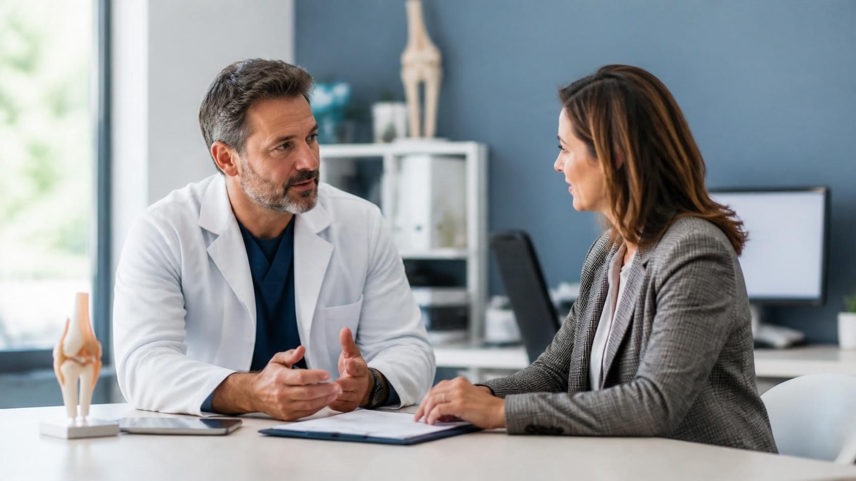 Orthopedic physician and practice manager discussing clinic operations.