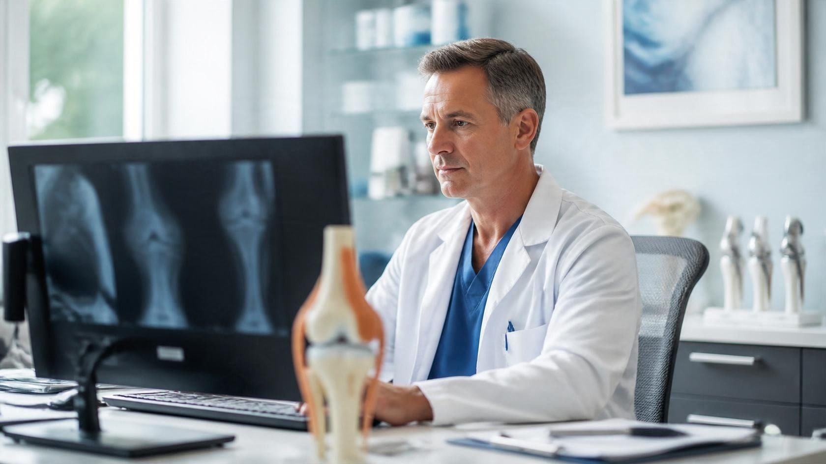 Orthopedic physician reviewing clinical records and musculoskeletal imaging.