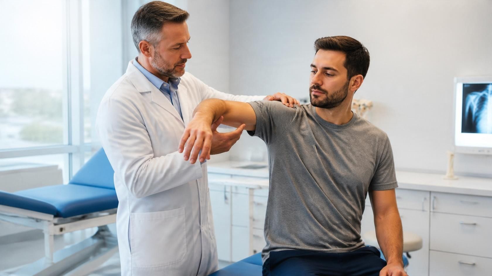 Orthopedic clinician assessing a patient's shoulder range of motion.