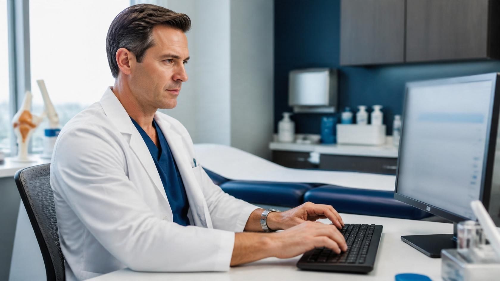 Orthopedic physician documenting examination findings in an electronic health record.